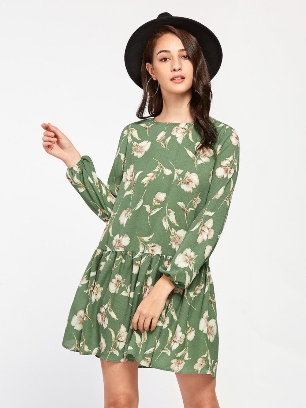 Floral Long Sleeve Green Swing Dress